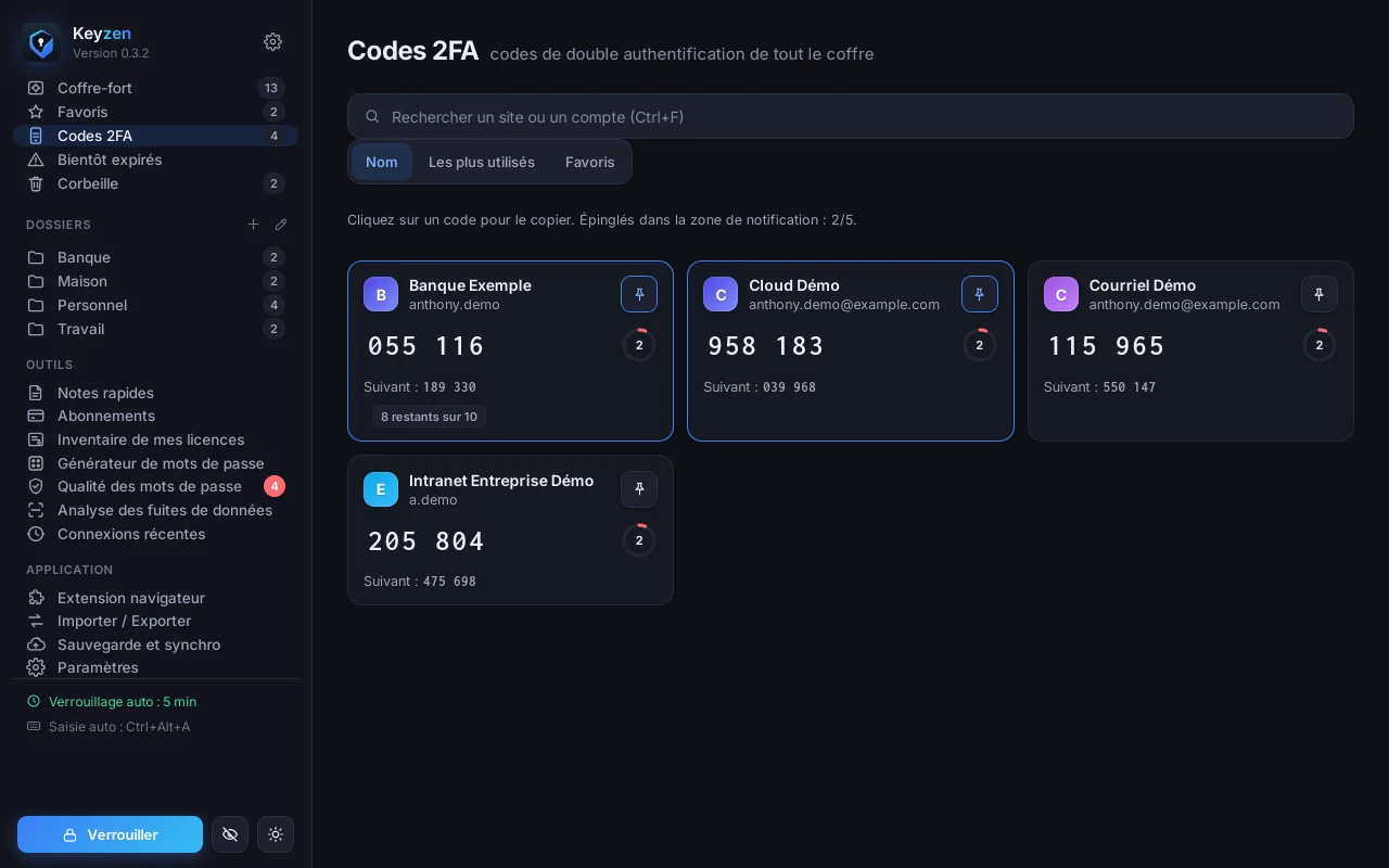 Section Codes 2FA de Keyzen avec codes en tuiles et décompte