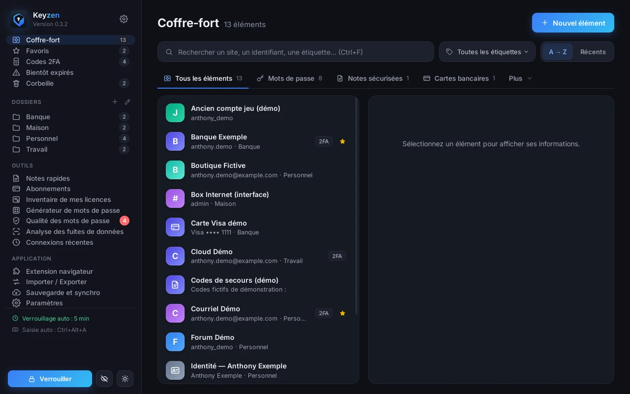 Fenêtre principale de Keyzen : barre latérale avec dossiers et outils, liste des éléments du coffre
